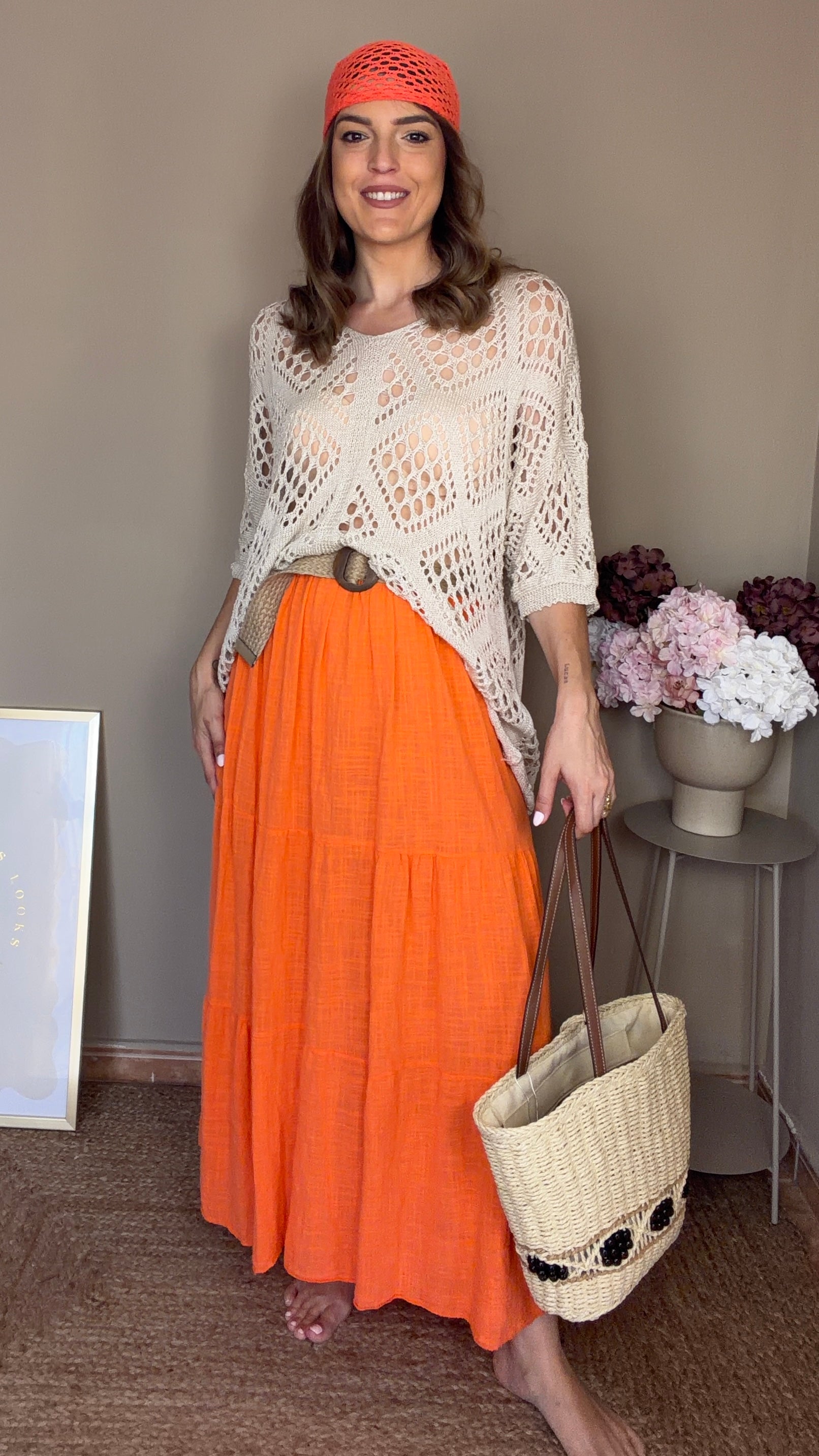 Falda lino naranja