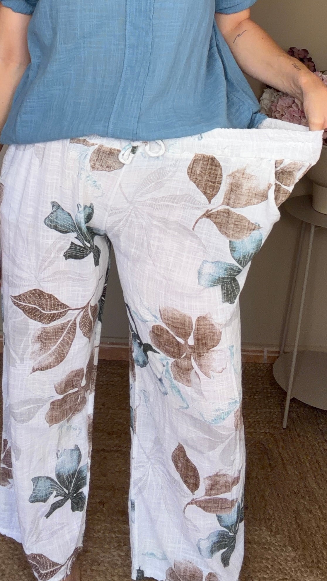 Pantalón lino flores blanco